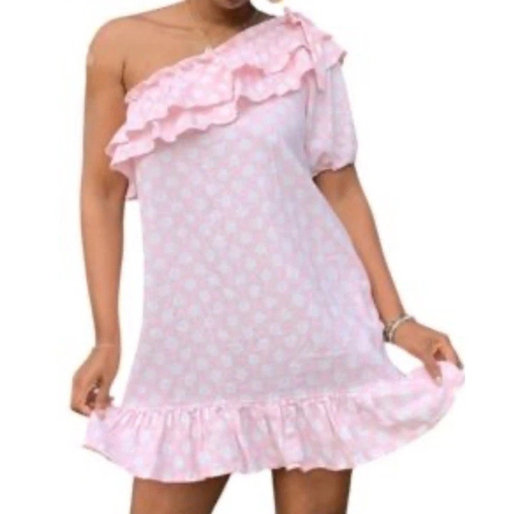 NWT Lisa Marie Fernandez Pink Polka Dot Ruffle One Shoulder Linen Blend Dress S